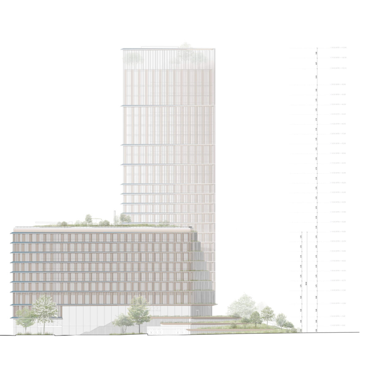 H5 NRW Landesregierung tower in Duesseldorf with layered landscape terraces in the forefront in a model by Gina Barcelona Architects and JSWD