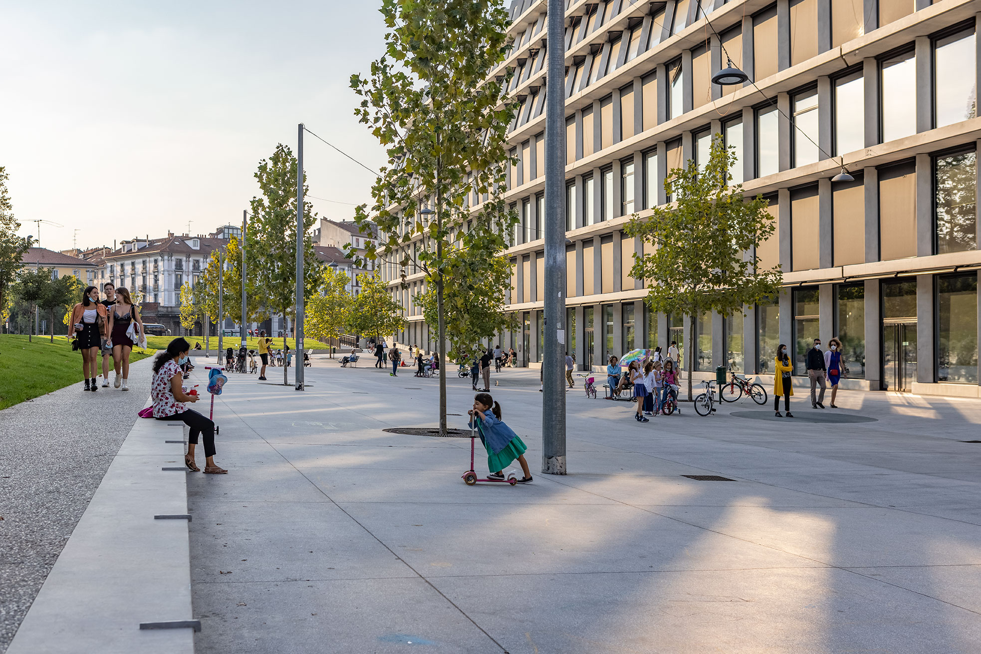 Public space in front of Feltrinelli Porta Volta in Milan, Italy