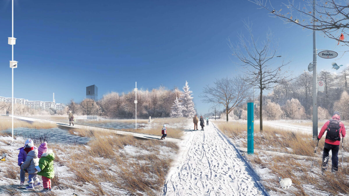 winter landscape with snow and people walking