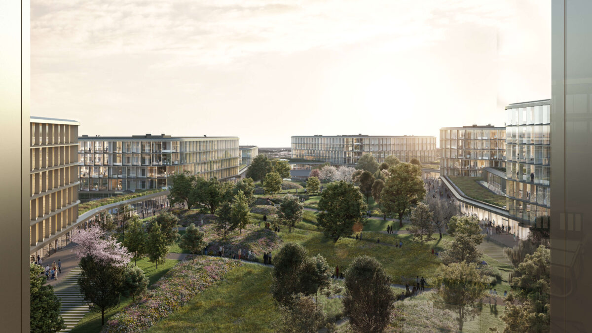 Render visualisation by bloomimages of the SPC Schwarz Project Campus green center square trees viewed from the building.