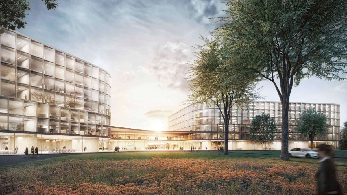 Render visualisation by bloomimages of the SPC Schwarz Project Campus buildings from the outside with landscape, lawn and trees in the forefront.
